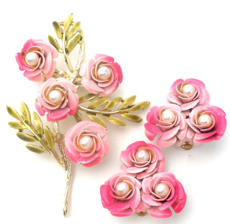 engraved pendant necklace Pink Enamel Pearl Flower Brooch Set