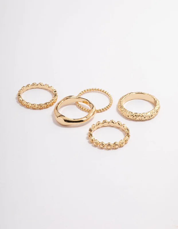 dainty heart charm necklace Gold Plated Molten Mixed Ring 5-Pack