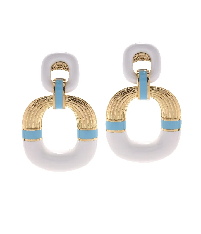 handmade gemstone anklet boho Radiator Hoop Earrings, White Enamel, Light Blue Enamel