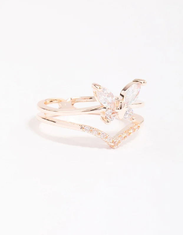 dainty cherry blossom ring Rose Gold Plated Cubic Zirconia Butterfly Double Band Ring