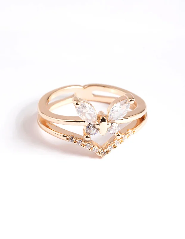 tiny opal stud earrings Gold Cubic Zirconia Butterfly Double Band Ring