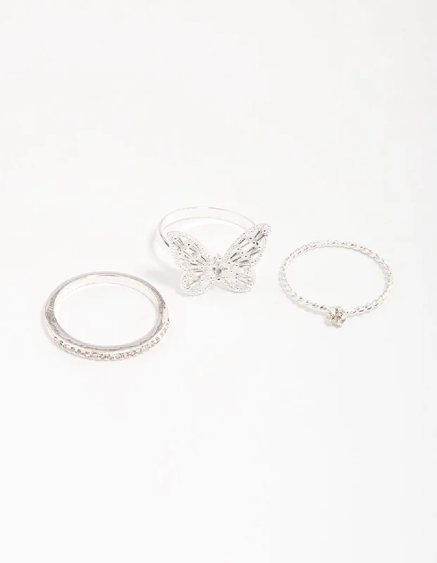 celestial sun and moon pendant Silver Plated Cubic Zirconia Butterfly Ring Pack