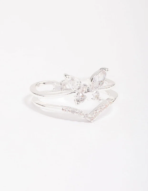 butterfly pendant necklace delicate Silver Plated Cubic Zirconia Butterfly Double Band Ring