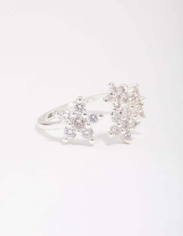petite diamond promise ring Silver Plated Cubic Zirconia Open Flower Ring