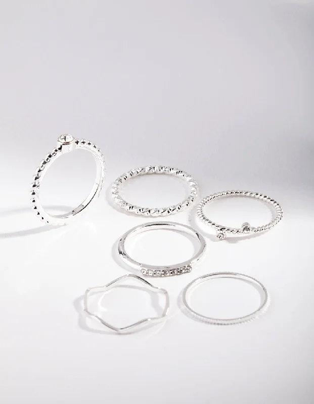 raw amethyst ring silver Silver Diamante Mixed Band Ring 6-Pack