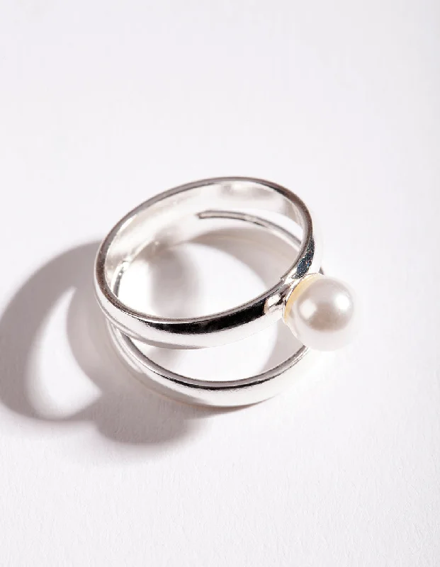handmade resin flower earrings Rhodium Double Pearl Ring