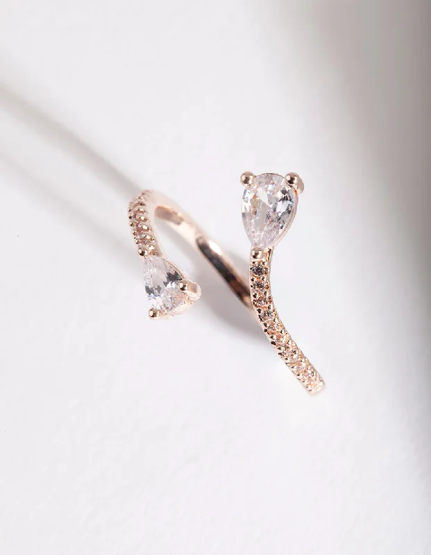 raw crystal cuff bracelet Rose Gold Open Teardrop Diamante Ring