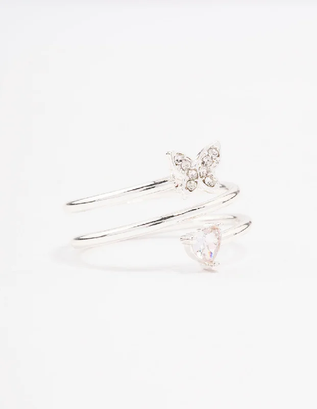 celestial sun and moon earrings Silver Plated Heart Butterfly Wrapped Ring