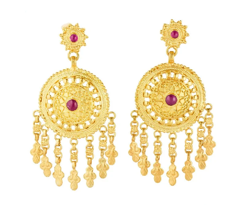 Ruby Cabochon Handmade Indian Filigree Dangle Earrings in 22K