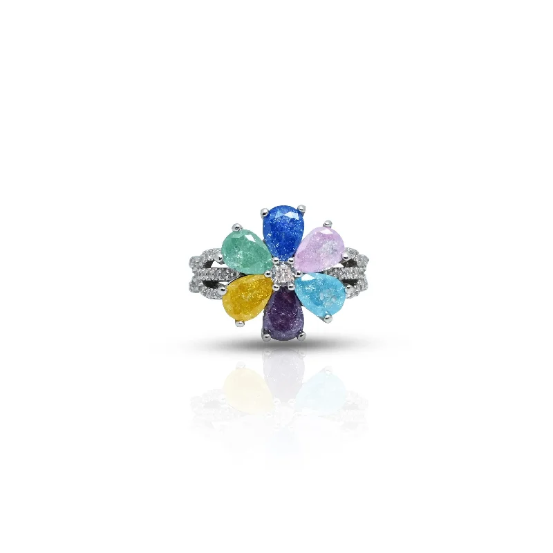 gemstone teardrop earrings Silver Colourful Flower Leaf Ring