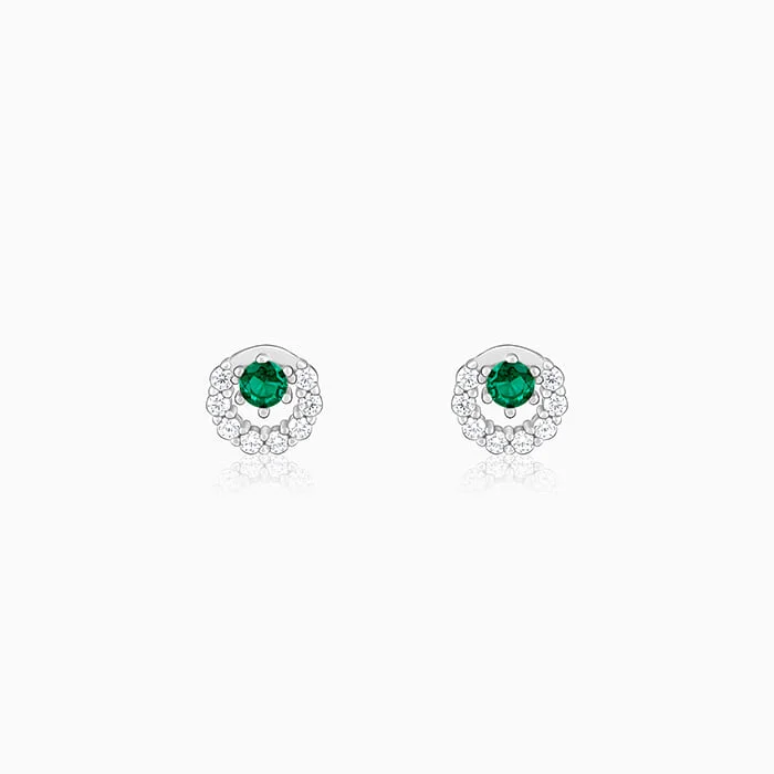 Silver Emerald Green Halo Stud Earrings