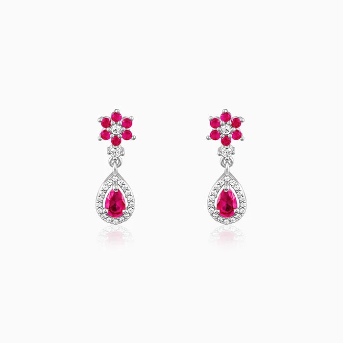 Silver Pink Flower Mini Drop Earrings