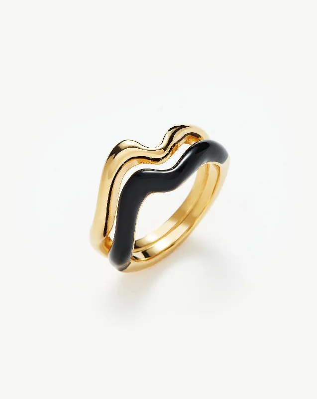 Squiggle Curve Two Tone Enamel Stacking Ring | 18ct Gold Vermeil/Black