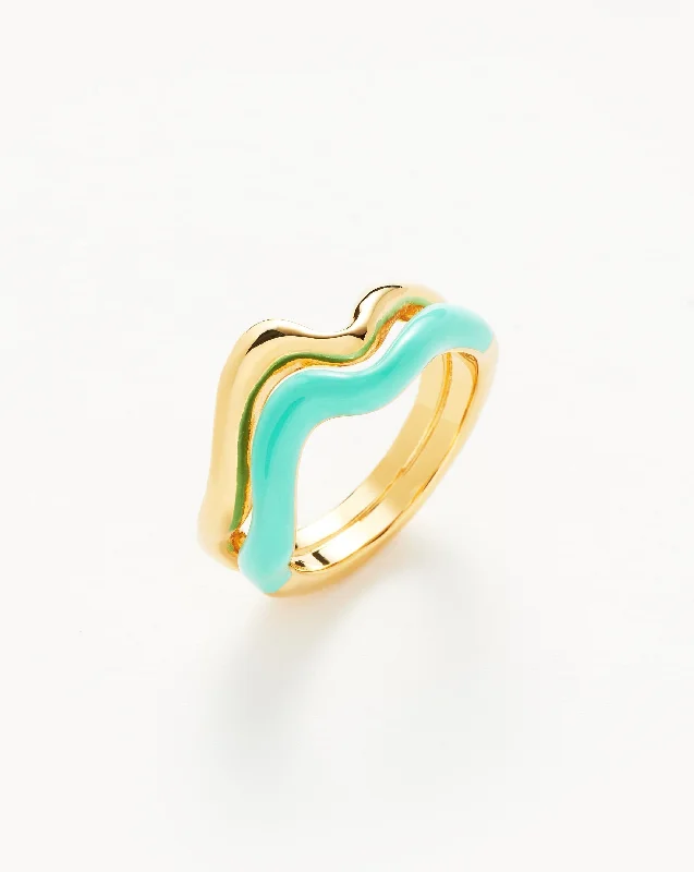 Squiggle Curve Two Tone Enamel Stacking Ring | 18ct Gold Vermeil/Neon Aqua