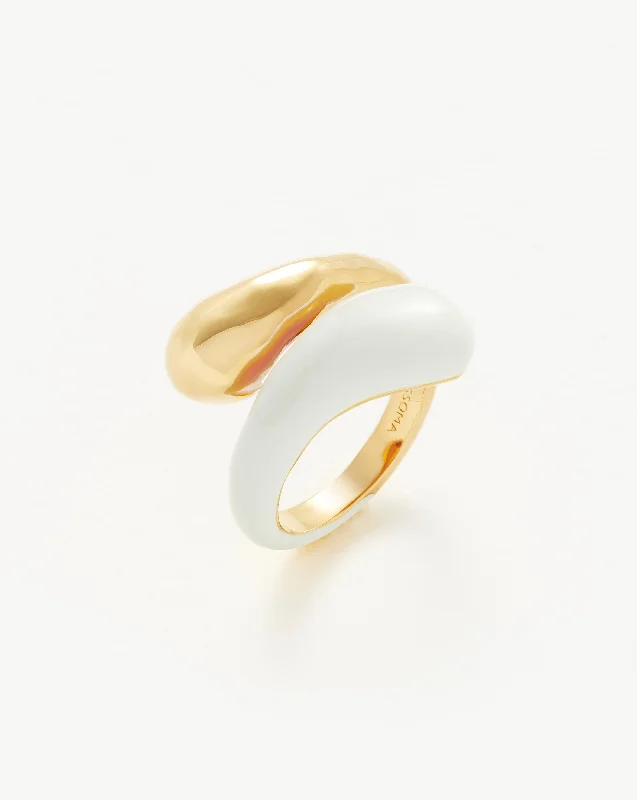 Squiggle Two Tone Enamel Crossover Ring | 18ct Gold Vermeil/Bright White