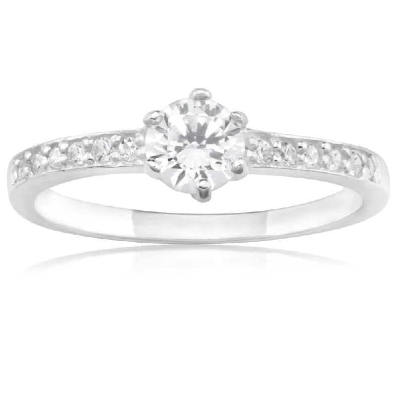 gold engagement ring vintage Sterling Silver 6 Claw Zirconia and Channel Set Ring