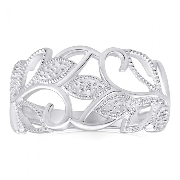 wide gold cuff bracelet Sterling Silver Diamond Set Leaf Ring