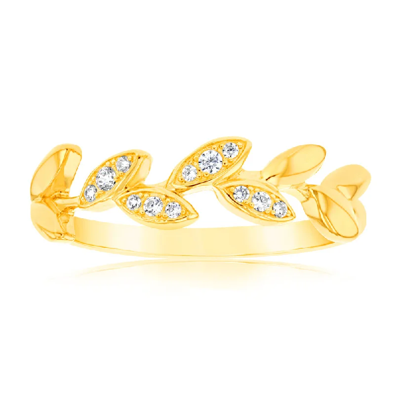 unique moon phase ring Sterling Silver Gold Plated White Zirconia Leaf Ring
