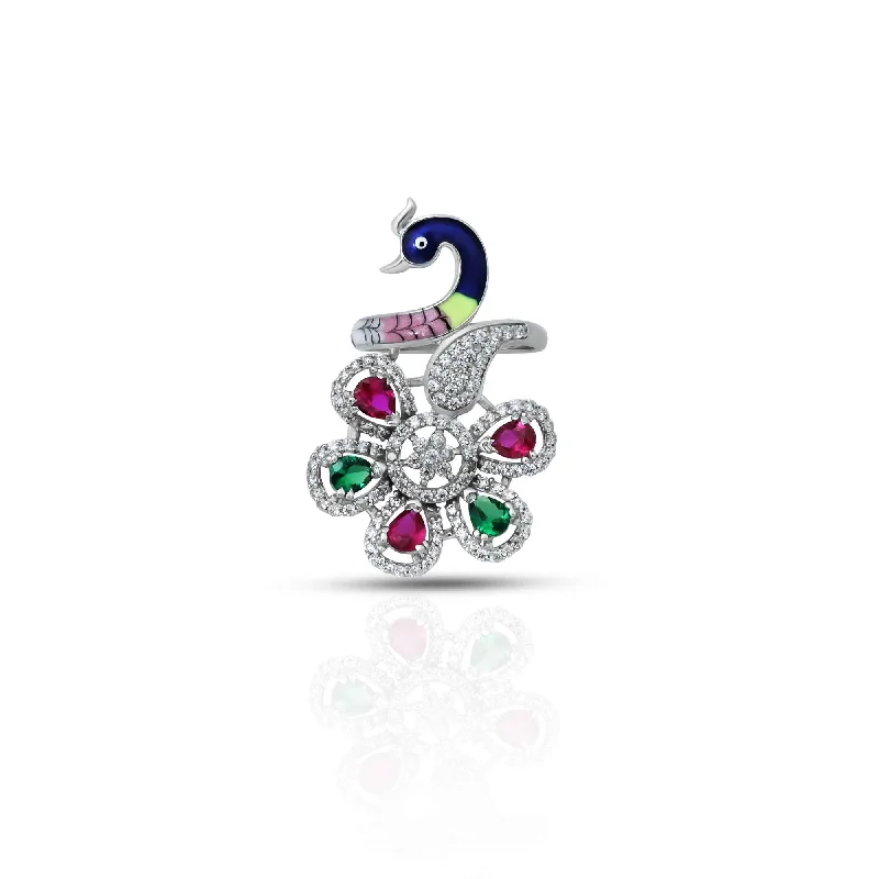 silver feather charm necklace Sterling Silver Peacock and Flower Design Ring for Girls