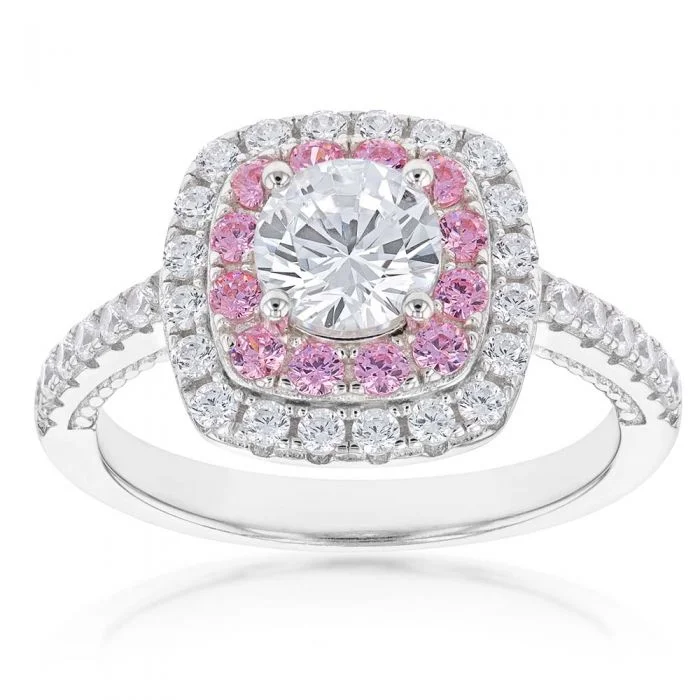 modern geometric silver ring Sterling Silver Pink and White Zirconia Ring