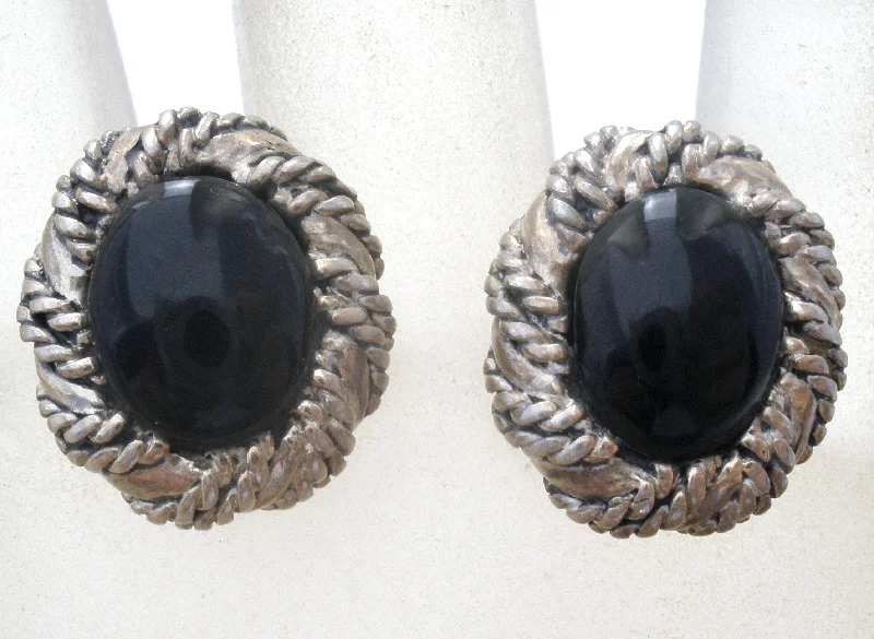 bold chunky cocktail ring Sterling Silver Post Earrings With Black Stones