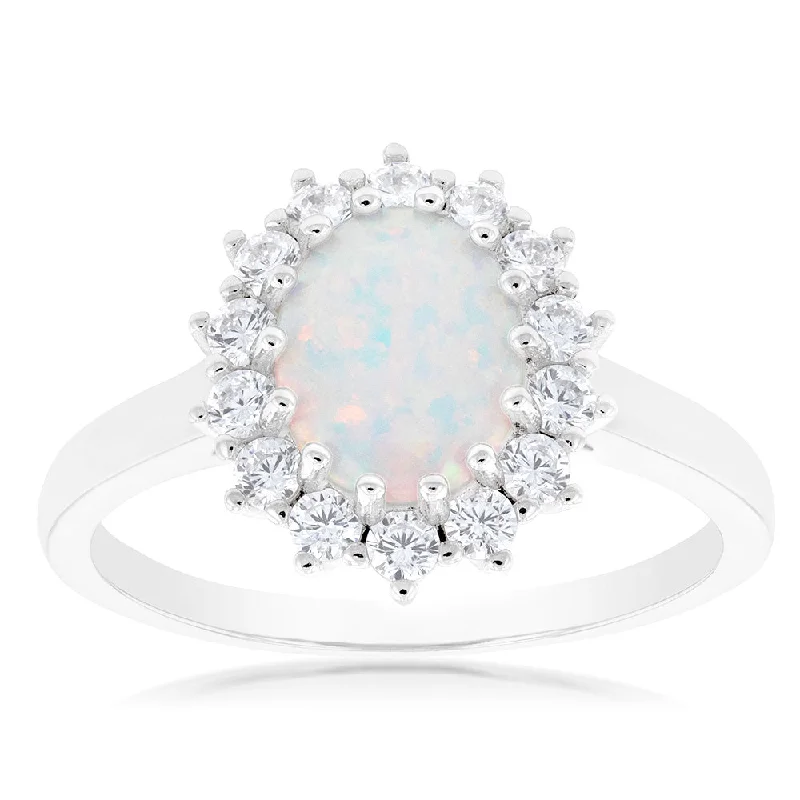 handmade raw stone engagement ring Sterling Silver Rhodium Plated Cubic Zirconia Synthetic Opal Round Ring