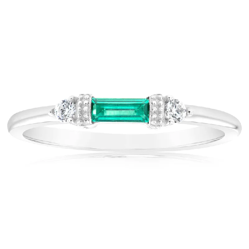 classic silver pearl earrings Sterling Silver Rhodium Plated Emerald Stone White Cubic Zirconia Ring