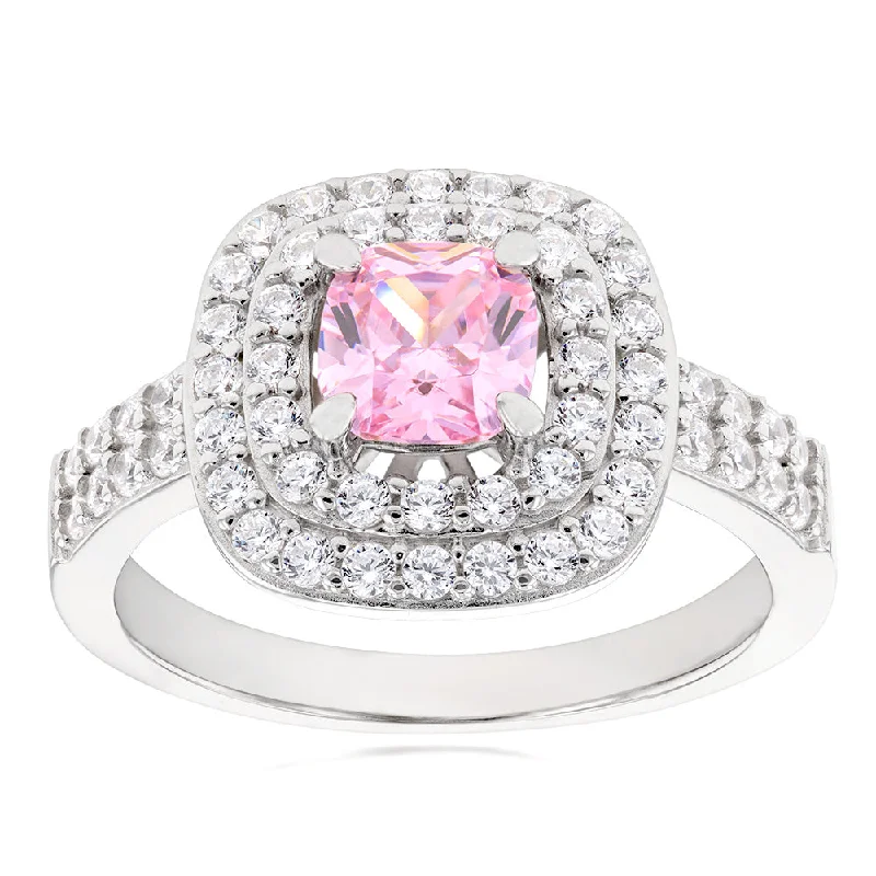 gemstone infinity bracelet Sterling Silver Rhodium Plated White & Light Pink Cubic Zirconia Cushion Ring