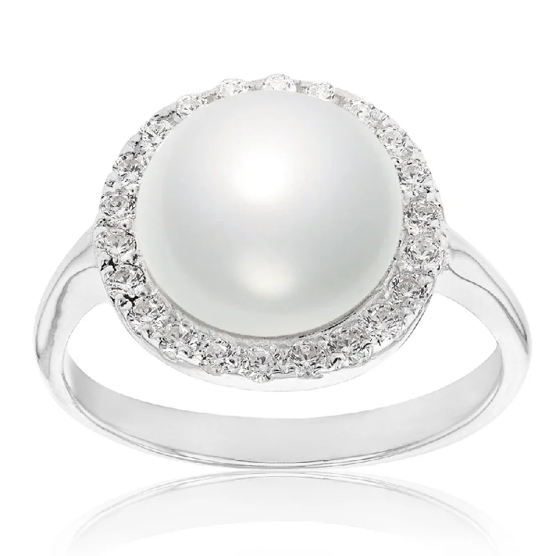 personalized family tree necklace Sterling Silver Swarovski Pearl & Cubic Zirconia Halo Ring