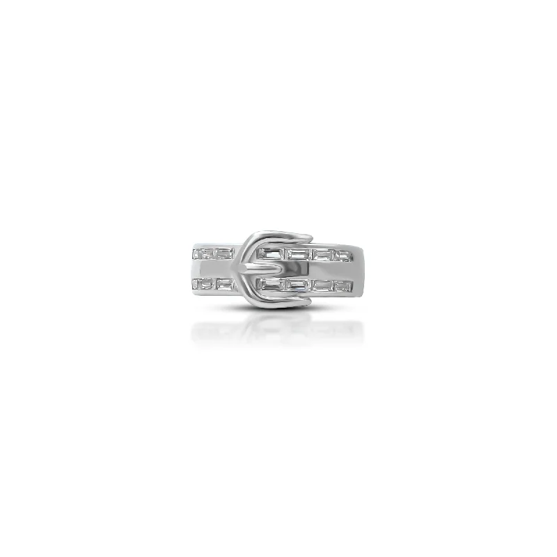 titanium wedding band men’s black Stylish Silver Belt Buckle Ring with White Stones