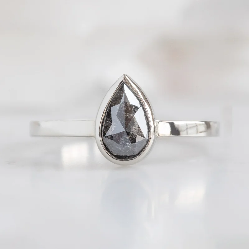silver-plated bar necklace The Hazel Ring | 0.70ct Pear Black Diamond in 14K White Gold