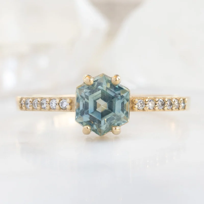 tiny gold huggie hoops The Willow Ring | 1.09ct Hexagon Montana Sapphire in 14K Yellow Gold