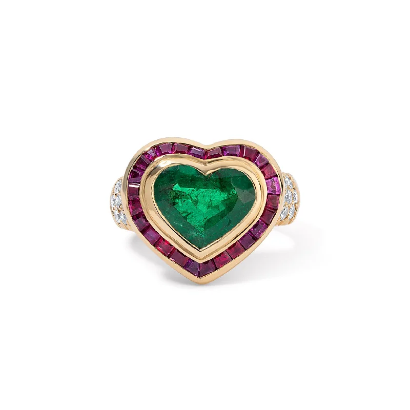 Vintage Heart Shaped Emerald with Ruby Baguettes and Diamond Ring