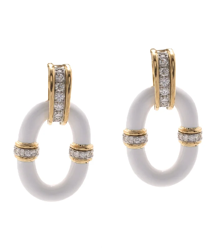 handmade silk thread earrings Oval Link Earrings, White Enamel
