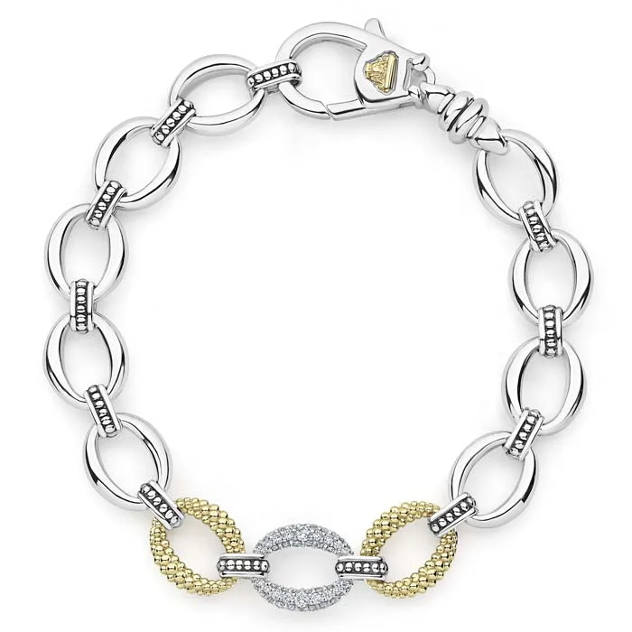 rose gold ring with diamonds LAGOS .35tw 7.5" Caviar Lux Diamond Single Pave Station Oval Link Bracelet in Sterling Silver and 18kt Yellow Gold Size 7
