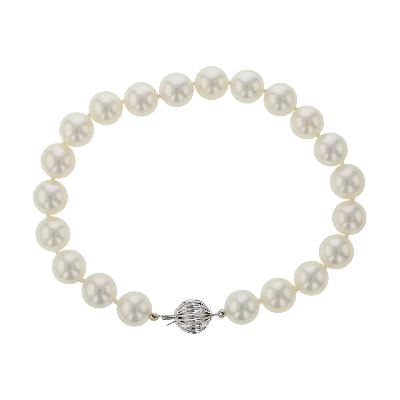 handmade leather cuff bracelet 14K White Gold White Pearl Bracelet
