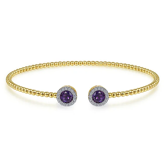 14K Yellow Gold Round Amethyst and Diamond Halo Bujukan Bangle