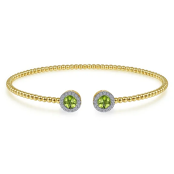 14K Yellow Gold Round Peridot and Diamond Halo Bujukan Bangle