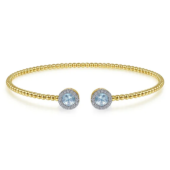 14K Yellow Gold Round Sky Blue Topaz and Diamond Halo Bujukan Bangle