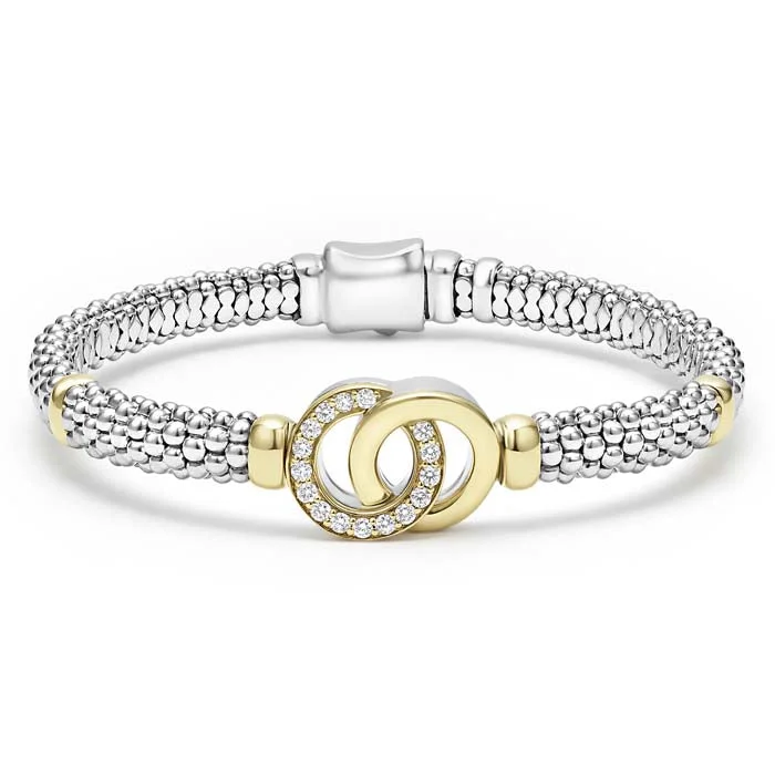 multi-gemstone eternity band LAGOS Signature Caviar Diamond Interlocking Bracelet in Sterling Silver and 18K Yellow Gold