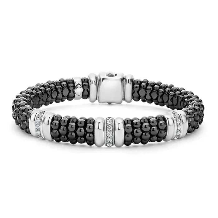 raw amethyst ring silver LAGOS Black Ceramic Caviar Three Station Diamond Bracelet in Sterling Silver