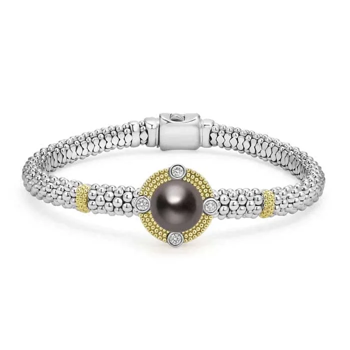 raw crystal cuff bracelet LAGOS Tahitian Black Pearl and Diamond Bracelet in Sterling SIlver and 18K Yellow Gold