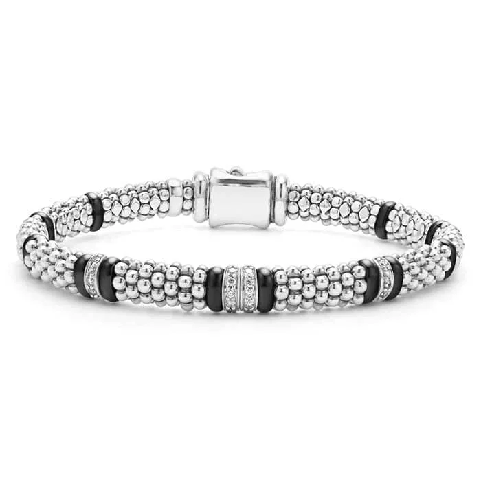 dainty chain bracelet layered LAGOS Black Ceramic Four Station Diamond Caviar Bracelet in Sterling Silver