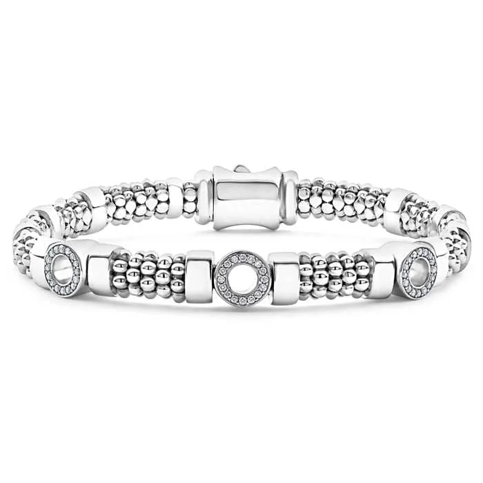 handcrafted opal inlay ring LAGOS Three Station Diamond Circle Caviar Bracelet in Sterling Silver
