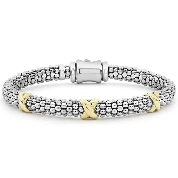 titanium spinner ring anxiety relief LAGOS Caviar Three Station X Bracelet in Sterling Silver and 18K Yellow Gold