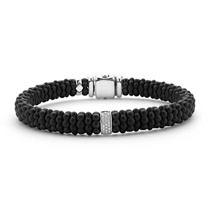adjustable minimalist wave bracelet LAGOS Matte Black Ceramic Caviar Single Station Diamond Bracelet in Sterling Silver