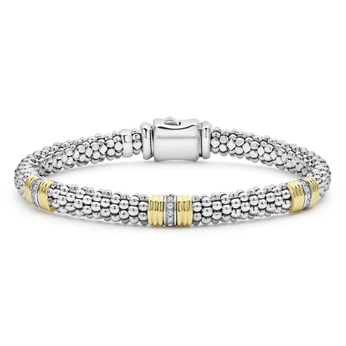 silver dragon claw ring LAGOS Triple Diamond Station Caviar Bracelet in 18K Yellow Gold and Sterling Silver, 6MM