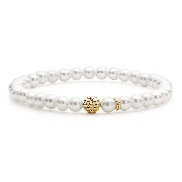 hammered sterling silver band LAGOS Cultured Pearl Caviar Icon Stretch Bracelet with 18K Yellow Gold Caviar Beaded Station Size Medium