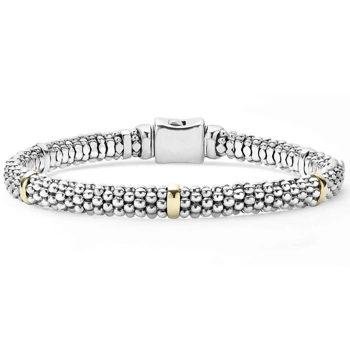 handmade braided hemp bracelet LAGOS Signature Caviar Beaded Five Station Bracelet in Sterling Silver and 18K Yellow Gold - Size Medium (7)