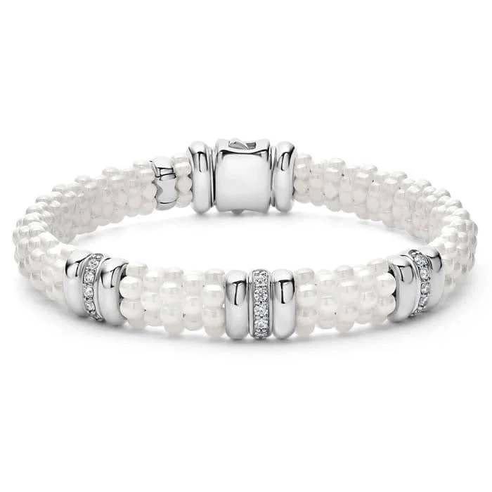 personalized pet photo necklace LAGOS White Ceramic Caviar Three Station Diamond Bracelet in Sterling Silver